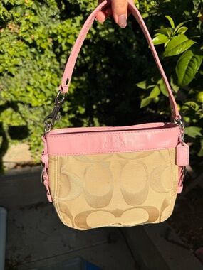 Coach Mini Zoe Handbag Pink Leather Trim and Beige Canvas Body